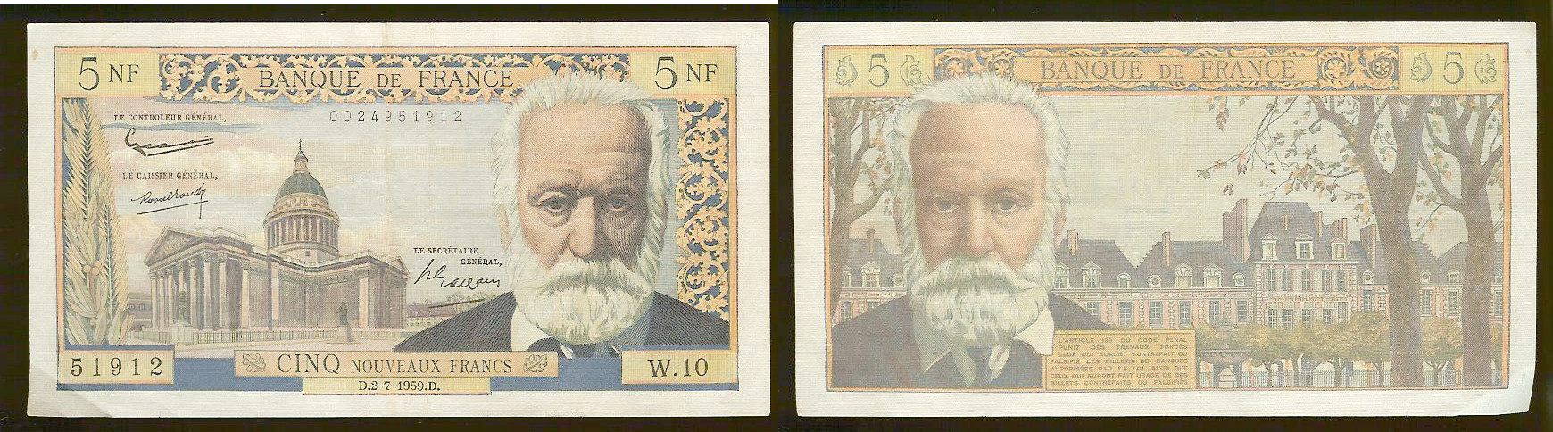 5 Nouveaux Francs VICTOR HUGO FRANCE 2.7.1959 TTB+